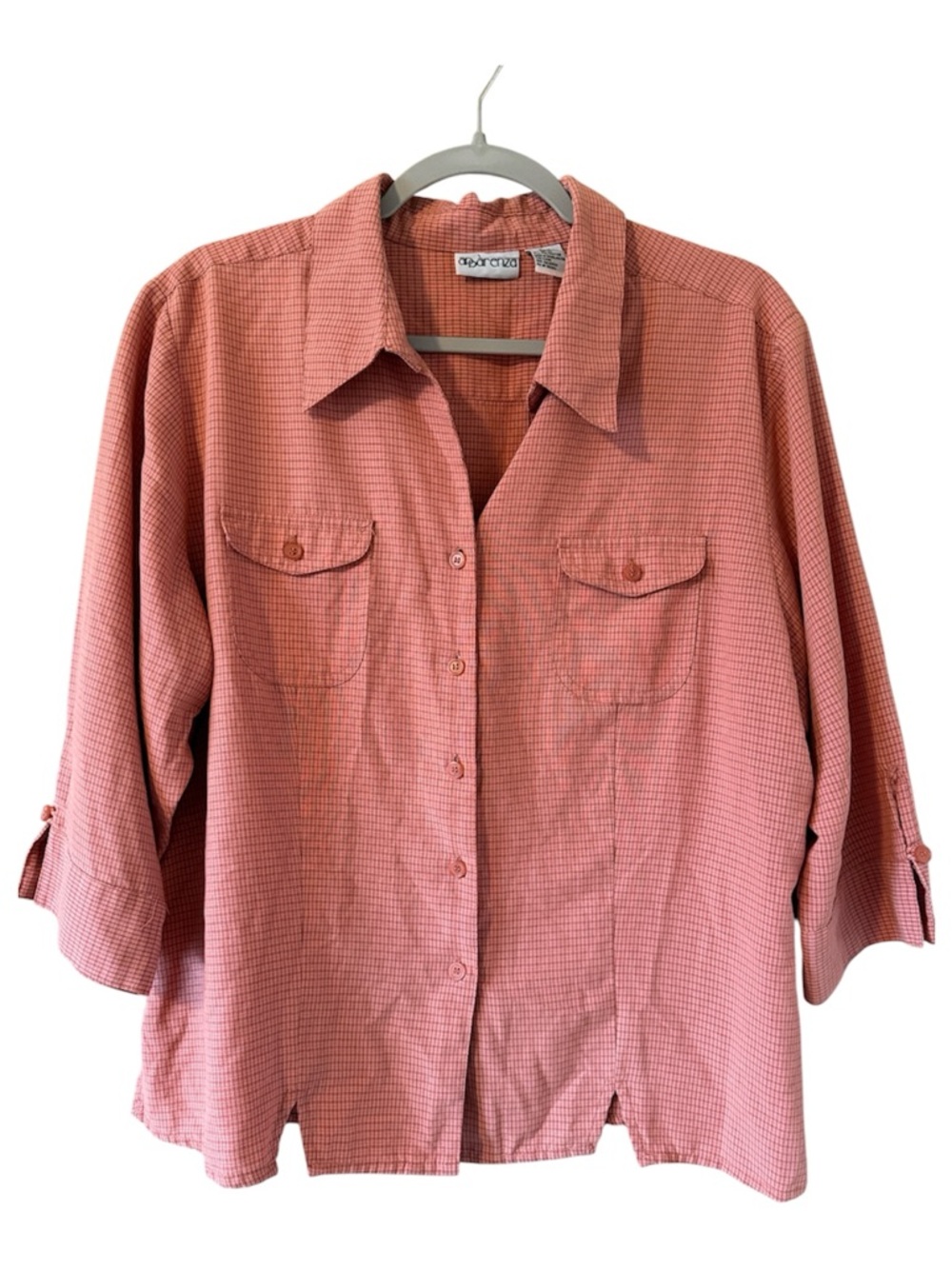 Appàrenza Salmon Pink Plaid Check Button Up Shirt 3/4 Sleeve XL